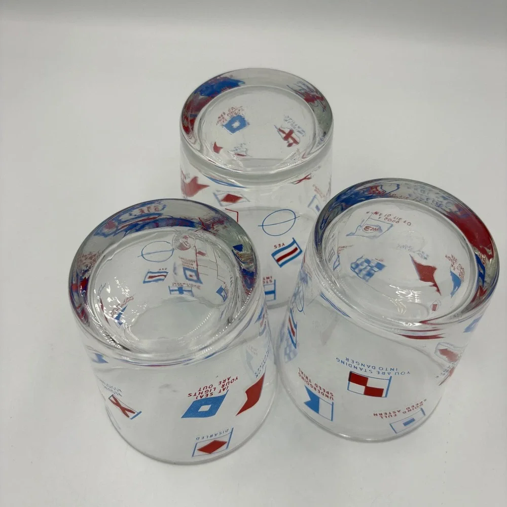 Esso Nautical Signal Flag Rocks Glasses Set of 3 Clear Red Blue Good Vintage